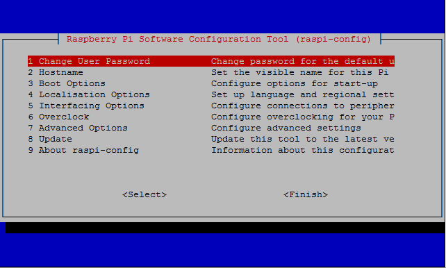 Ecran d'accueil de raspi-config raspi-config